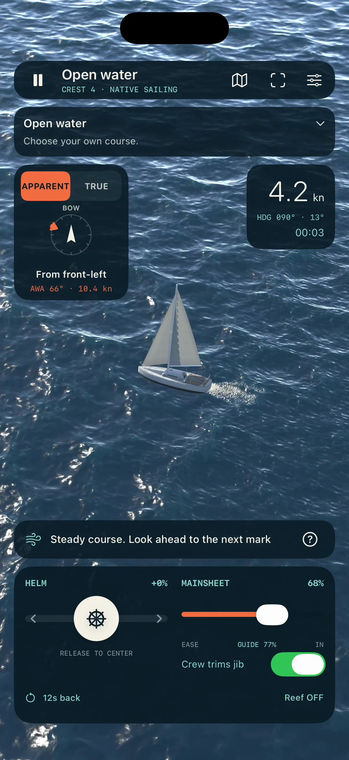 A sailing boat, ocean and sailing controls in an actual Tack Lab development build.